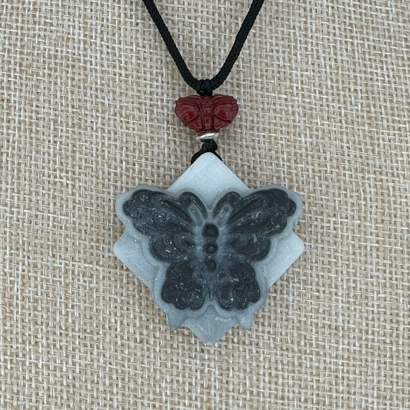 Tai Chi Stone Butterfly Pendant Necklace with Silver and Cinnabar on Rope - Picture 8 of 12